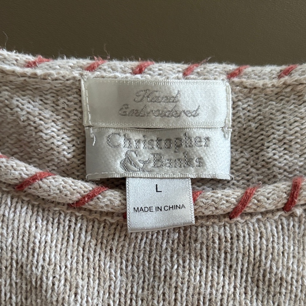 VINTAGE Christopher & Banks Cream Knit Sweater with Coral Trim - Picture 2 of 3